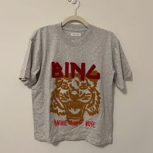 Anine Bing Gray Tee with Textured Patch Red & Mustard Tiger Graphic